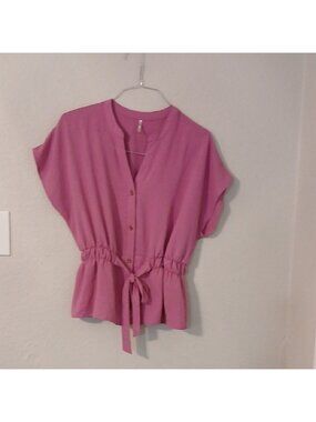 Pink Cap Sleeve Blouse with Tie Front and Mandarin Collar